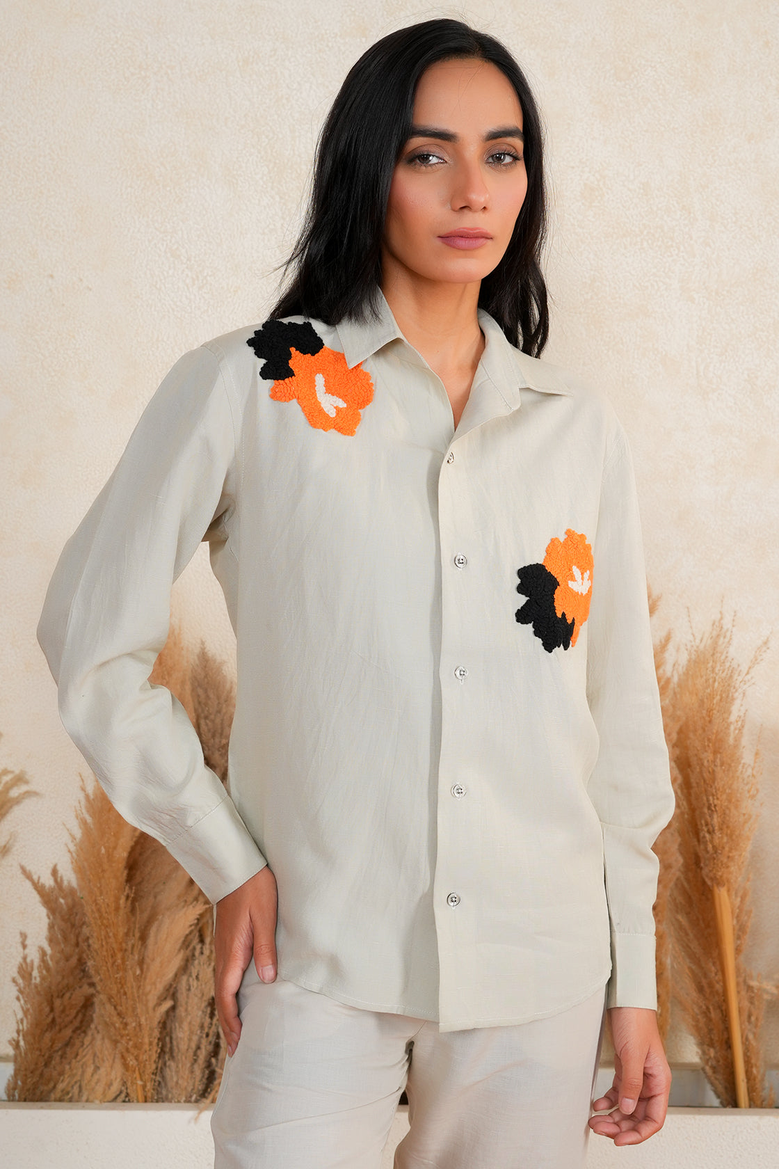 Grey Floral Embroidered Shirt