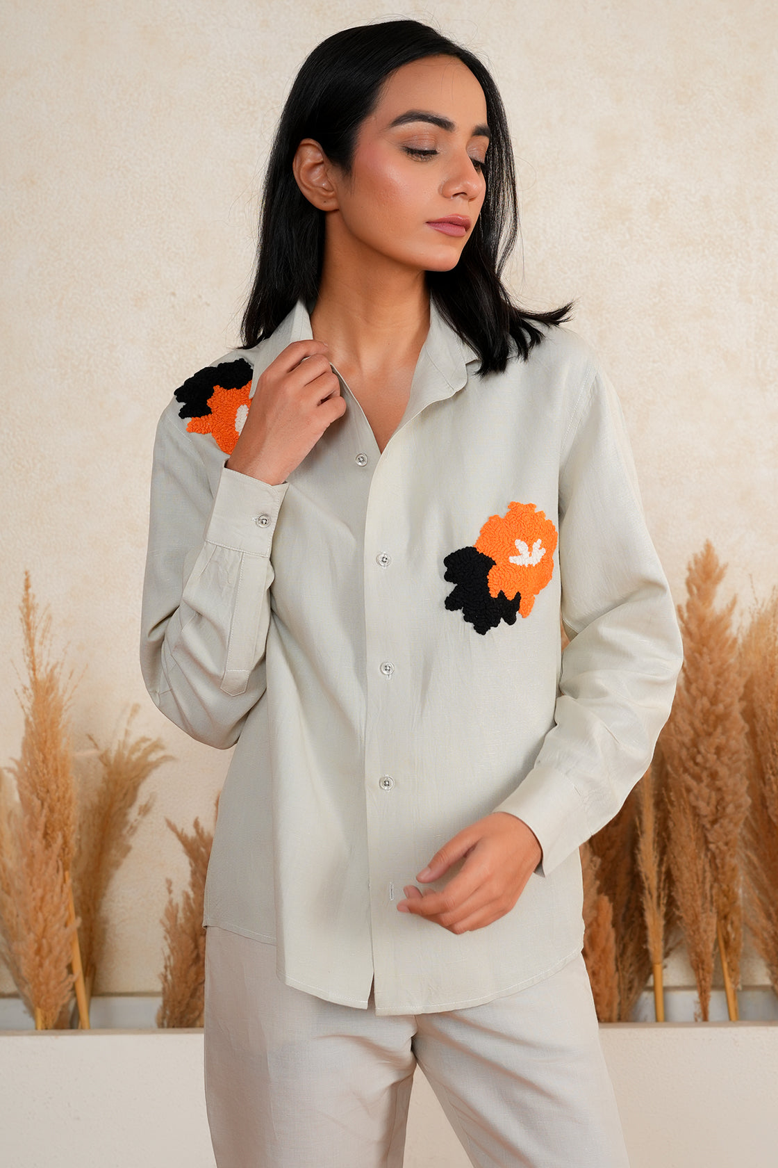 Grey Floral Embroidered Shirt